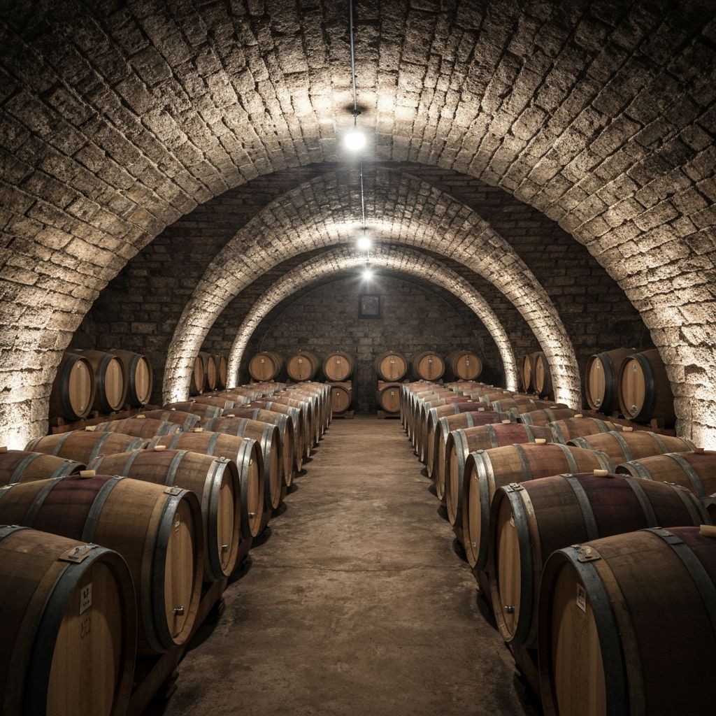 Historic wine cellar with aged oak barrels